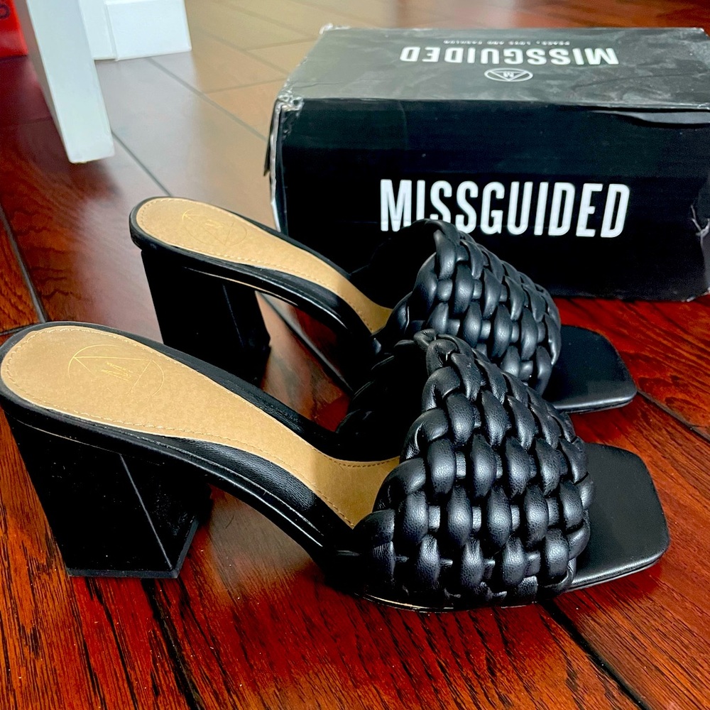 NWT Missguided Black Braided Block Heel Mules